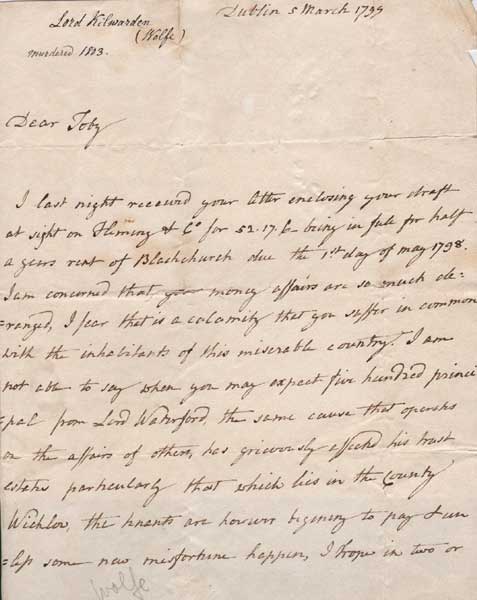 1799 (5 March) Handwritten and signed letter by Lord Kilwarden, killed during the 1803 Emmet rebellion at Whyte's Auctions