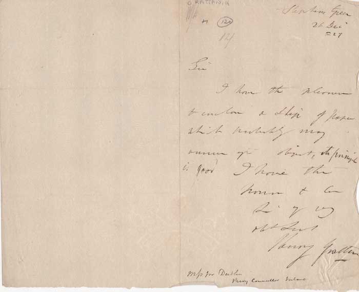 1806-1820: Henry Grattan handwritten and signed letter at Whyte's Auctions