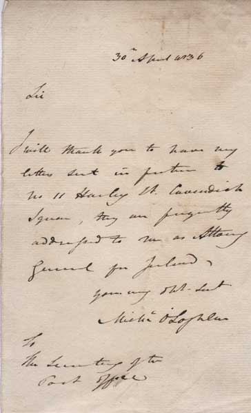 1836 (30 April) Sir Michael O'Loghlen handwritten and signed letter at Whyte's Auctions