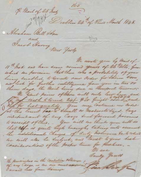 1848 (8 and 24 March) Famine Period letters from a Dublin merchant arranging for imports of "Indian corn" (maize) - known as "Peel's Brimstone" to feed the starving at Whyte's Auctions