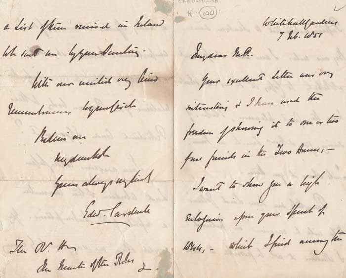 1851 (7 February) Edward Cardwell handwritten and signed letter at Whyte's Auctions