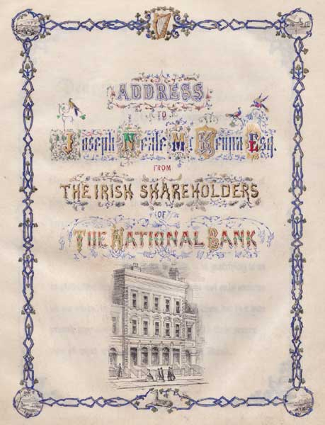 1861. Manuscript Address to Joseph Neale McKenna from Bank Shareholders of the National Bank of Ireland at Whyte's Auctions