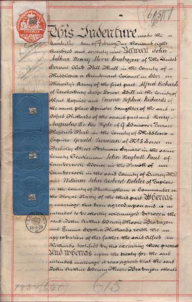 1879 (20 February). Marriage Settlement of Lieutenant Colonel John Arthur Henry Moore Brabazon and Miss Emma Sophia Richards. at Whyte's Auctions
