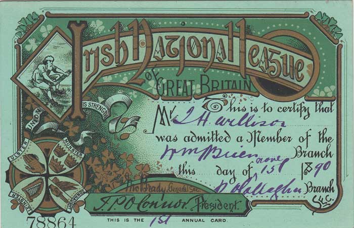 1890 Irish National League of Great Britain Membership Card at Whyte's Auctions