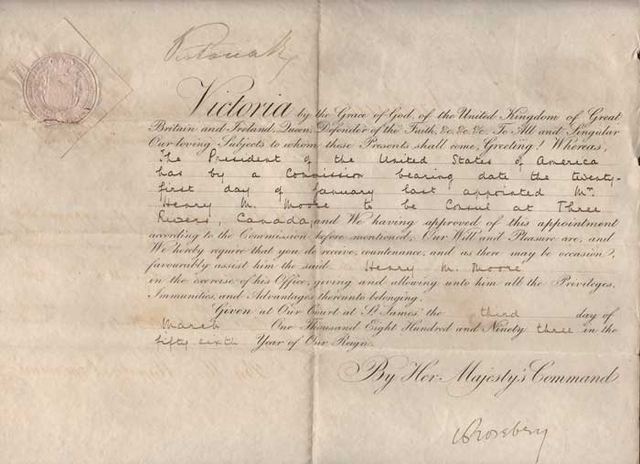 1893: Queen Victoria warrant appointing Henry Moore as United States Consul to Canada at Whyte's Auctions