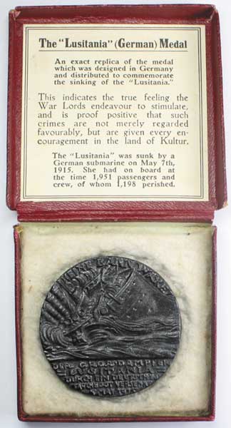 1915: Sinking of The Lusitania, propaganda "Commemorative Medal" at Whyte's Auctions