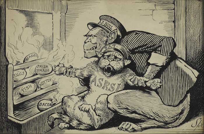 Circa 1912. Spex cartoon. "J.Bull" monkey forcing "Pat" cat inscribed "ASRSI" to touch burning coals at Whyte's Auctions