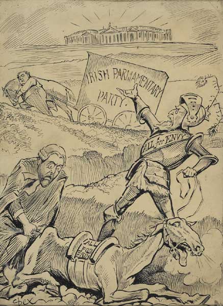 Circa 1912. Spex cartoon. John Redmond leads "Irish Parliamentary Party" towards the Irish Parliament House while his opponents struggle with their fallen horse. at Whyte's Auctions