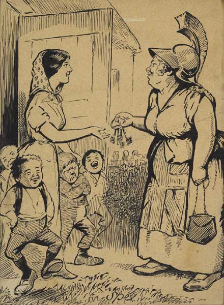 Circa 1912. Spex cartoon. Mrs John Bull hands over the keys to an Irish colleen and her children at Whyte's Auctions