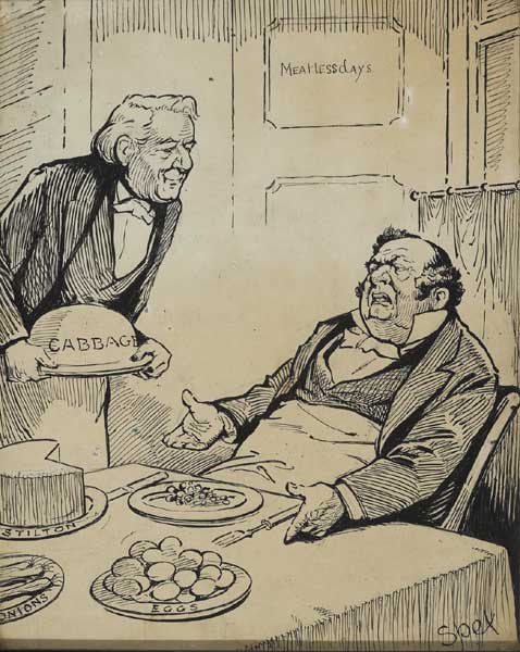 Circa 1912 Spex cartoon. Asquith serving vegetarian meal to John Bull. at Whyte's Auctions