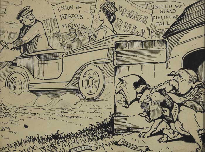 Circa 1912 Spex cartoon. John  Redmond drives an Irish Queen holding a "Home Rule" banner while bulldogs with heads of Edward Carson, Bonar Law and Lord Londonderry strain at the leash at Whyte's Auctions
