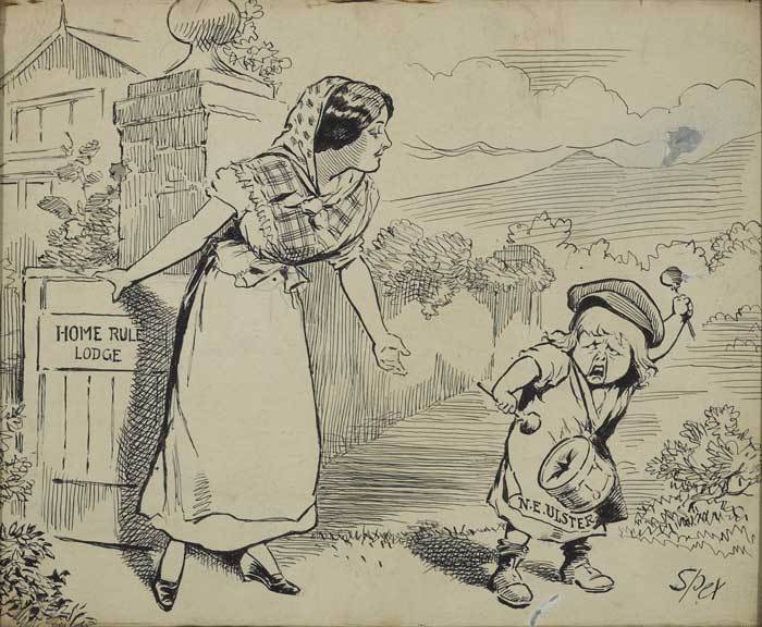 Circa 1912 Spex cartoon. Irish colleen invites "NE Ulster" child in a tantrum into "Home Rule Lodge" at Whyte's Auctions