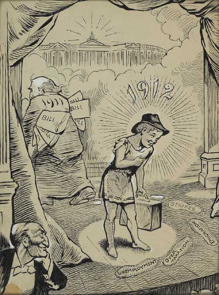 Circa 1911 Spex cartoon. New Year 1912 showing Old Father Time leaving with Baby New Year contemplating Home Rule. at Whyte's Auctions