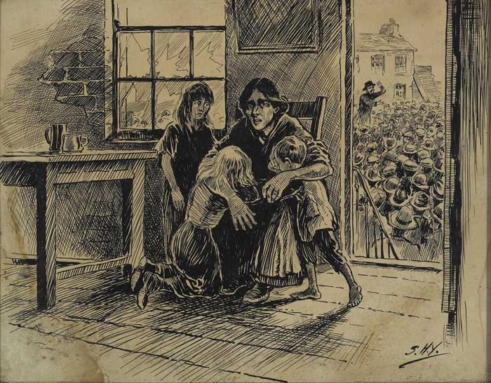 Circa 1890. Cartoon by "S.H.Y." Destitute woman hides with children in house while crowd outside listen to a politician. at Whyte's Auctions