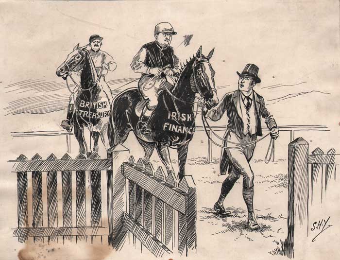 Circa 1912. Cartoon by "S.H.Y." Groom leading "Irish Finance" horse with John Redmond, followed by "British Treasury" horse at Whyte's Auctions