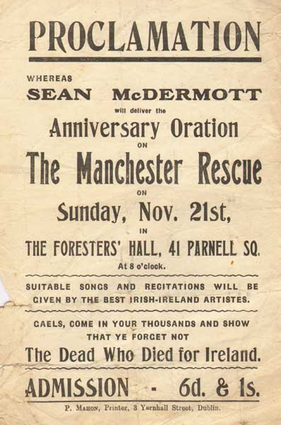 1915-1922 Republican handbills including rare notice of Sean McDermott Anniversary Oration on The Manchester Rescue. at Whyte's Auctions