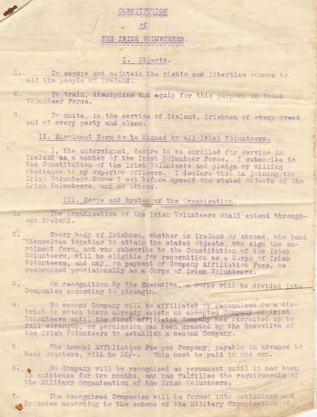 1916-1922: Irish Volunteers constitution and service certificate at Whyte's Auctions