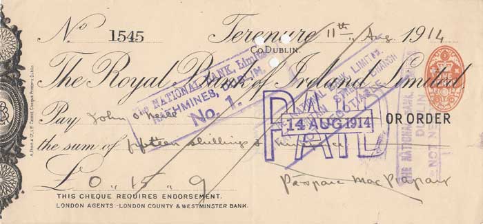 1914. Padraig Pearse signature on his cheque to John O'Neill at Whyte's Auctions