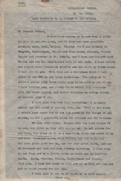 1916 Rising: Patrick Pearse's last letter to his mother, contemporary typed copy at Whyte's Auctions