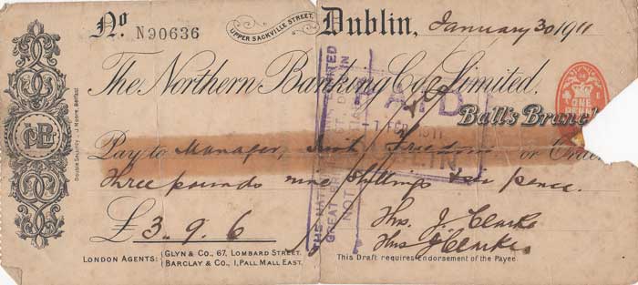 1911: Tom Clarke hand written and signed cheque at Whyte's Auctions