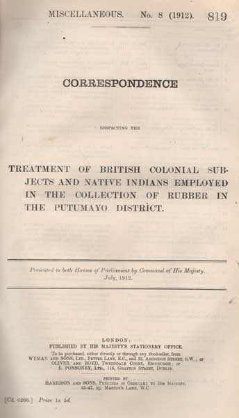 1912: Sir Roger Casement British Parliment correspondence relating to the treatment of native Indians in Peru at Whyte's Auctions