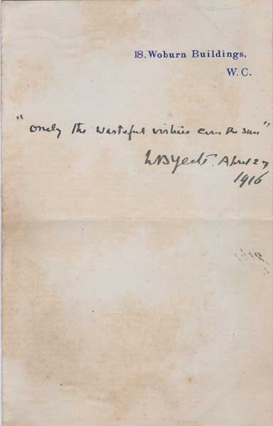 1916 Rising: W. B. Yeats handwritten and signed quotation relating to the rebellion at Whyte's Auctions
