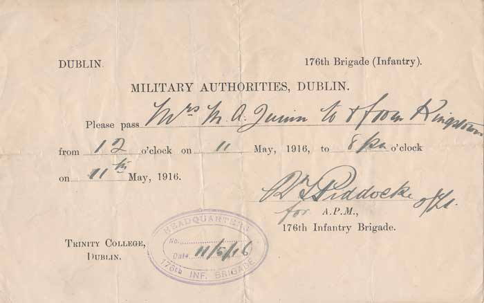 1916 (11 May) Rising Military Pass for travel between Dublin and Kingstown at Whyte's Auctions