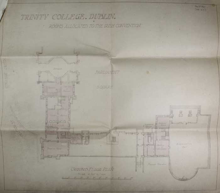 1917 Convention. Plans of ground floor rooms at Trinity College, seating plan for the Convention, and a notice from TCD regarding rooms and offices allocated. at Whyte's Auctions