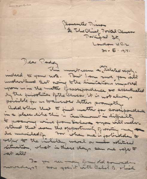 1918 (30 February) Letter by Sean MacEntee sent from Gloucester Prison relating to the 1918 General Election at Whyte's Auctions