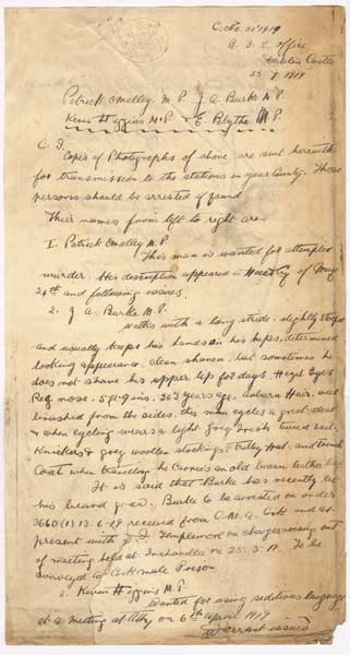 1919 (25 July) Dublin Castle letter with orders to arrest MP's, Kevin O'Higgins, Ernest Blythe, Seamus Burke and Padraic O Maille at Whyte's Auctions