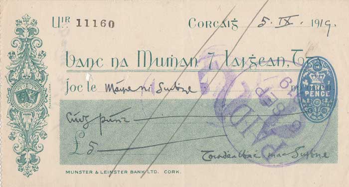 1919 (5 September) Terence MacSwiney signed cheque to his sister Mary. at Whyte's Auctions
