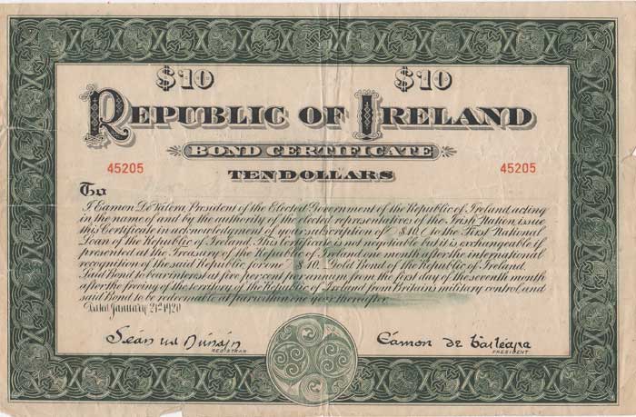 1920 (21 January) Republic of Ireland Ten Dollars Bond issued by Eamon de Valera as President of Dail Eireann. at Whyte's Auctions