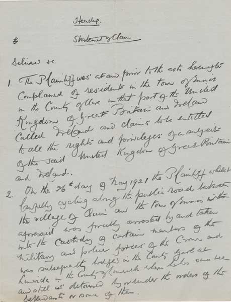 1921 (May-June) Manuscript notes by Hugh Kennedy KC regarding the arrest by the Black and Tans and his court martial in Limerick at Whyte's Auctions
