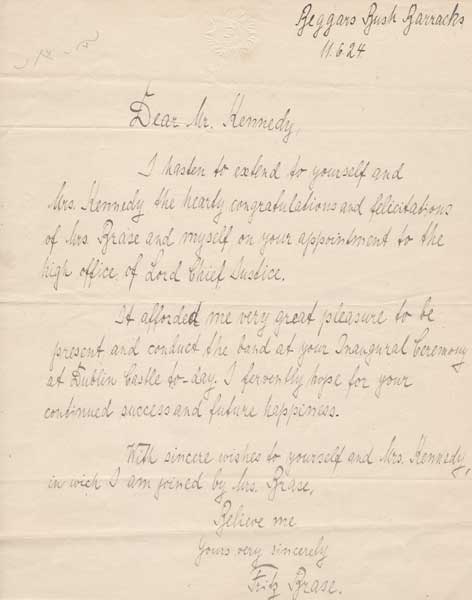 1924 (11 June) Letter from Colonel Fritz Brase, head of the Irish Army School of Music and Nazi Party organiser in Ireland, and other letters to Chief Justice Kennedy. at Whyte's Auctions