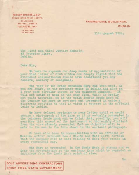 1924 (11 August). Important letter to the Chief Justice of the Irish Free State regarding the use of the Brian Boru Harp as the emblem of the State at Whyte's Auctions