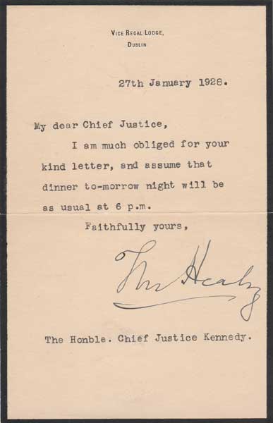 1928 (28 January) letter from Governor General of the Irish Free State, Tim Healy, to the Chief Justice, Hugh Kennedy. at Whyte's Auctions