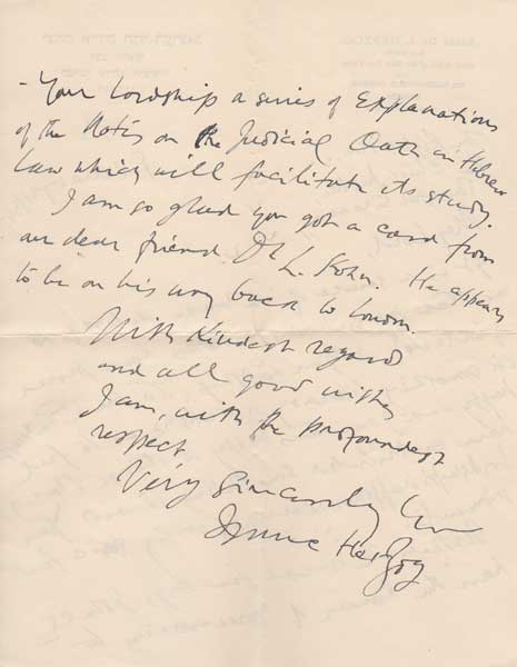1934 (22 February) letter from Chief Rabbi of the Irish Free State Dr Isaac Herzog to Hugh Kennedy, Chief Justice. at Whyte's Auctions