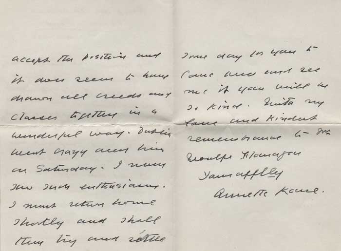 1938: Annette Cambreth Kane handwritten and signed letter from Aras an Uachtarain at Whyte's Auctions
