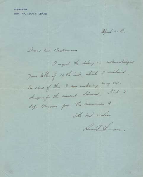 1950: Sen Lemass handwritten and signed letter at Whyte's Auctions