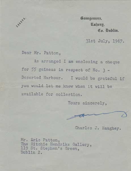 1967: Charles Haughey signed letter and related Eric Patton photographic negatives at Whyte's Auctions