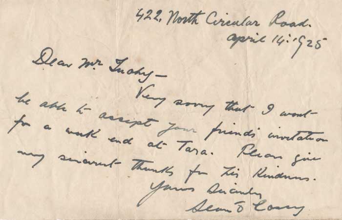 1925 (14 April) Sean O'Casey letter to artist Patrick Tuohy at the Metroplitan School of Art at Whyte's Auctions