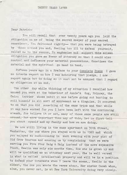 1987: Peter Kavanagh "Twenty Years Later" letter to his brother Patrick at Whyte's Auctions