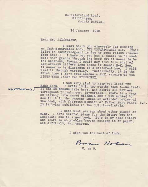 1962 (18 January) Brian O'Nolan (Flann O'Briain, Myles na gCopaleen) letter to JB Kilfeather at Whyte's Auctions