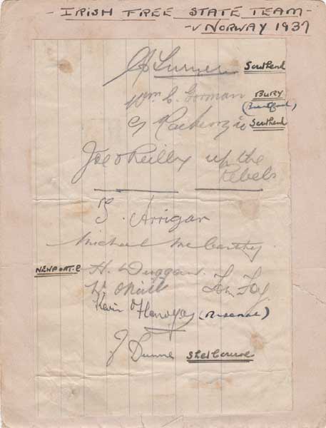 Football. 1937 Irish Free State v Norway team autographs at Whyte's Auctions