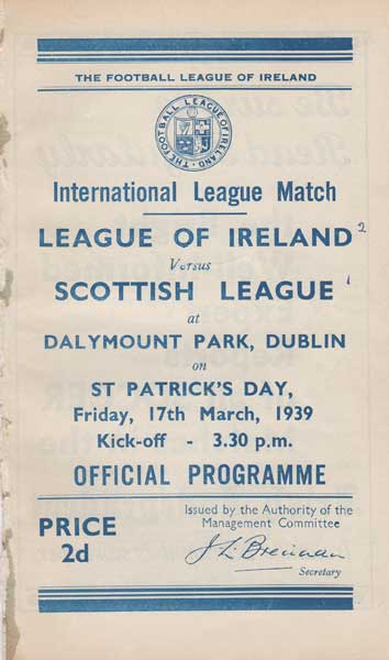 Football. 1939-1949 Collection of League of Ireland Inter League match programmes includuing 1939 v Scottish League. at Whyte's Auctions