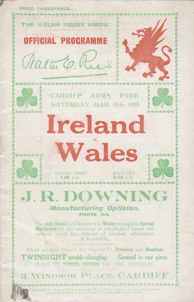 Rugby. 1928 (10 March) Rare Wales v Ireland programme at Whyte's Auctions