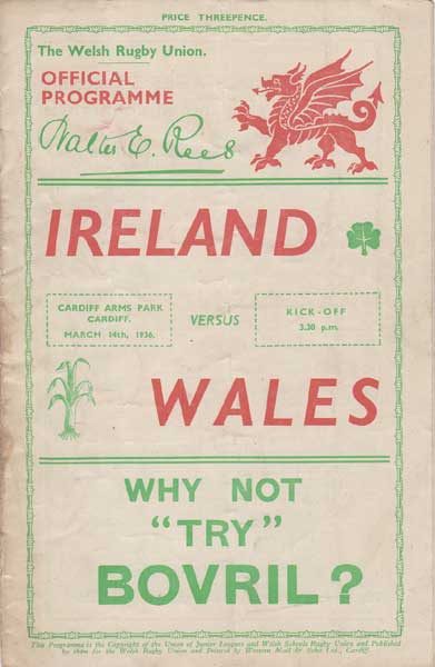 Rugby. 1936 (14 March) Rare Wales v Ireland progamme, Cardiff Arms Park at Whyte's Auctions
