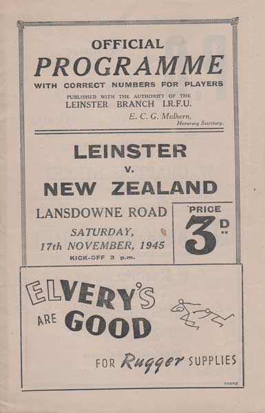Rugby. 1945 (17 November) Rare Leinster v New Zealand programme at Whyte's Auctions