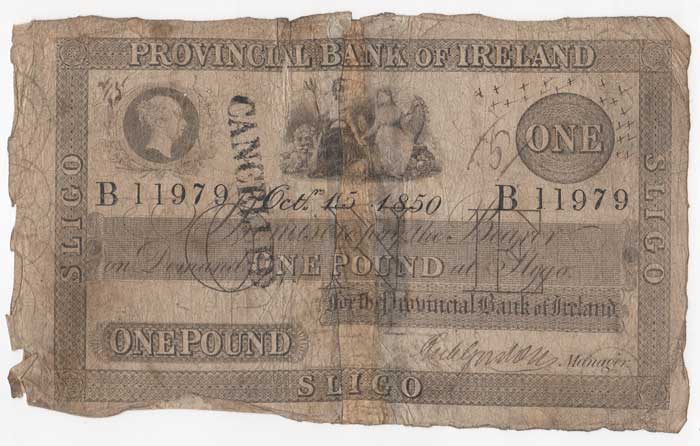 Provincial Bank of Ireland. Sligo. One Pound. Oct 15 1850 at Whyte's Auctions