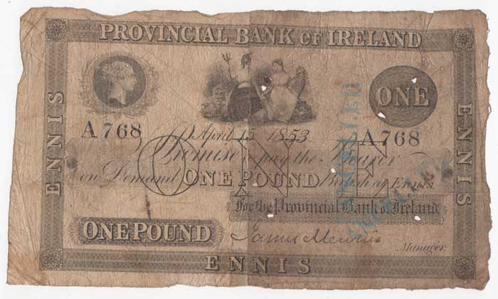 Provincial Bank of Ireland. Ennis. One Pound. April 15 1853 at Whyte's Auctions